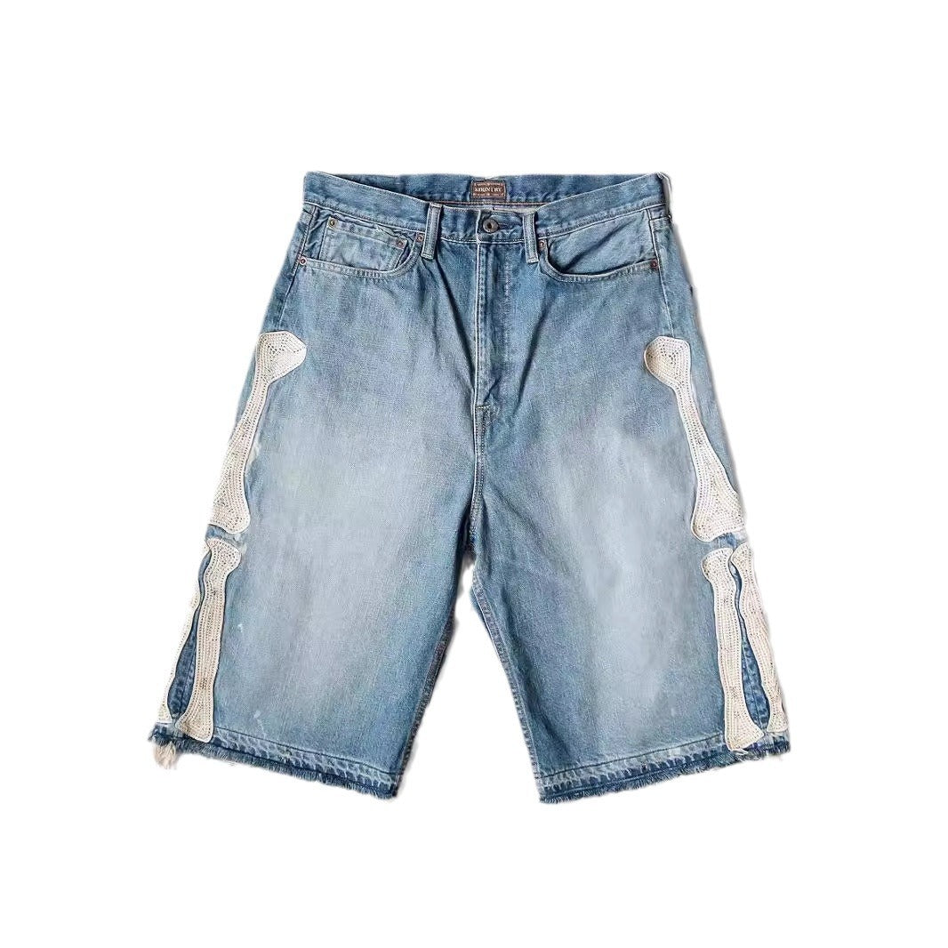 Embroidered Bones Casual Denim Shorts